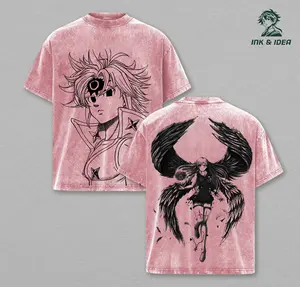 Meliodas x Elizabeth Liones Anime Double Printed Vintage Washed Tee Unisex Oversize Heavyweight Cotton T-shirt for Anime Fans and Lovers