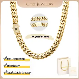 [New Upgraded]14K gold-plated Cuban necklace. The new gold-plated craftsmanship and classic white stone inlay design are dazzling. Miami Cuban necklace combines tradition and fashion. The best gift for him/her. 6mm/8mm/10mm/12mm/14mm are available.