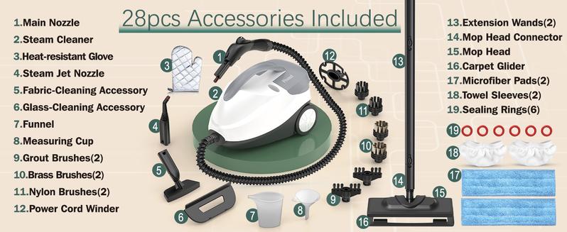 Phueut 1800W High-Pressure Steam Cleaner with 1.5L Tank & 28 Attachments for Home Multipurpose Floor Cleaning Chemical-Free Heavy-Duty Steamer