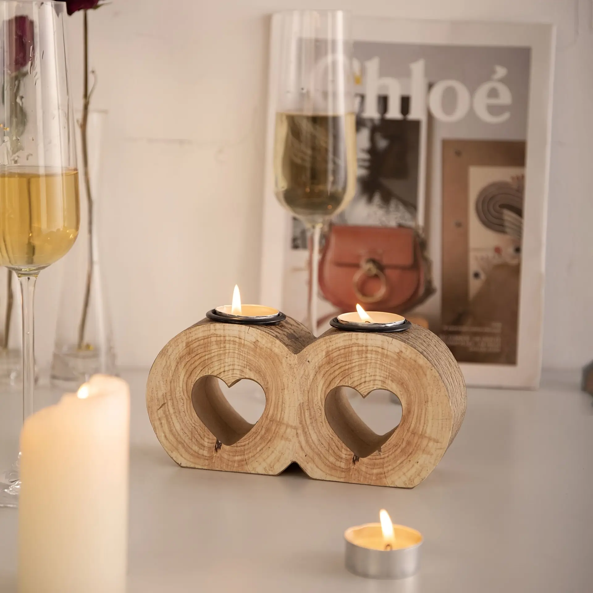 Wood Candlestick Atmosphere With Candlestick Candle Utensils Double Love Atmosphere Decoration Couple Solid Wood Candlestick Two Bottom Holes Ornaments Wooden