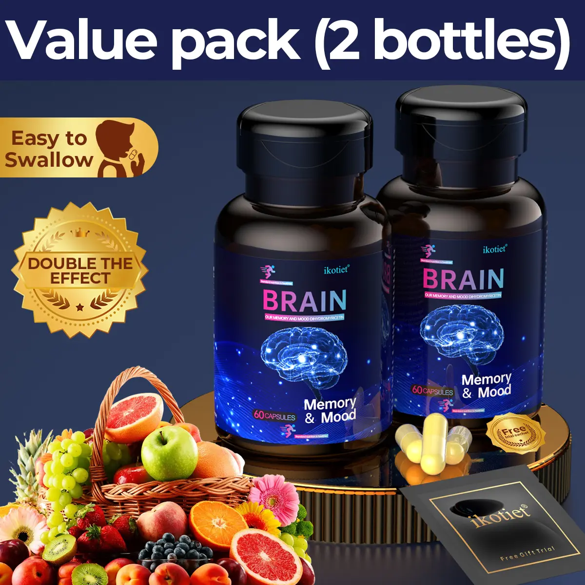 IKOTIET Natural Gluten-Free Brain Health Healthcare Dietary Supplement, 130g - 60 Capsules + 1 Free Trial Pack, with Phosphatidylserine, Magnesium, Vitamins B6/B12, Folic Acid, Dihydromyricetin, Safe to Swallow, Supports Memory & Cognitive Function, Impro