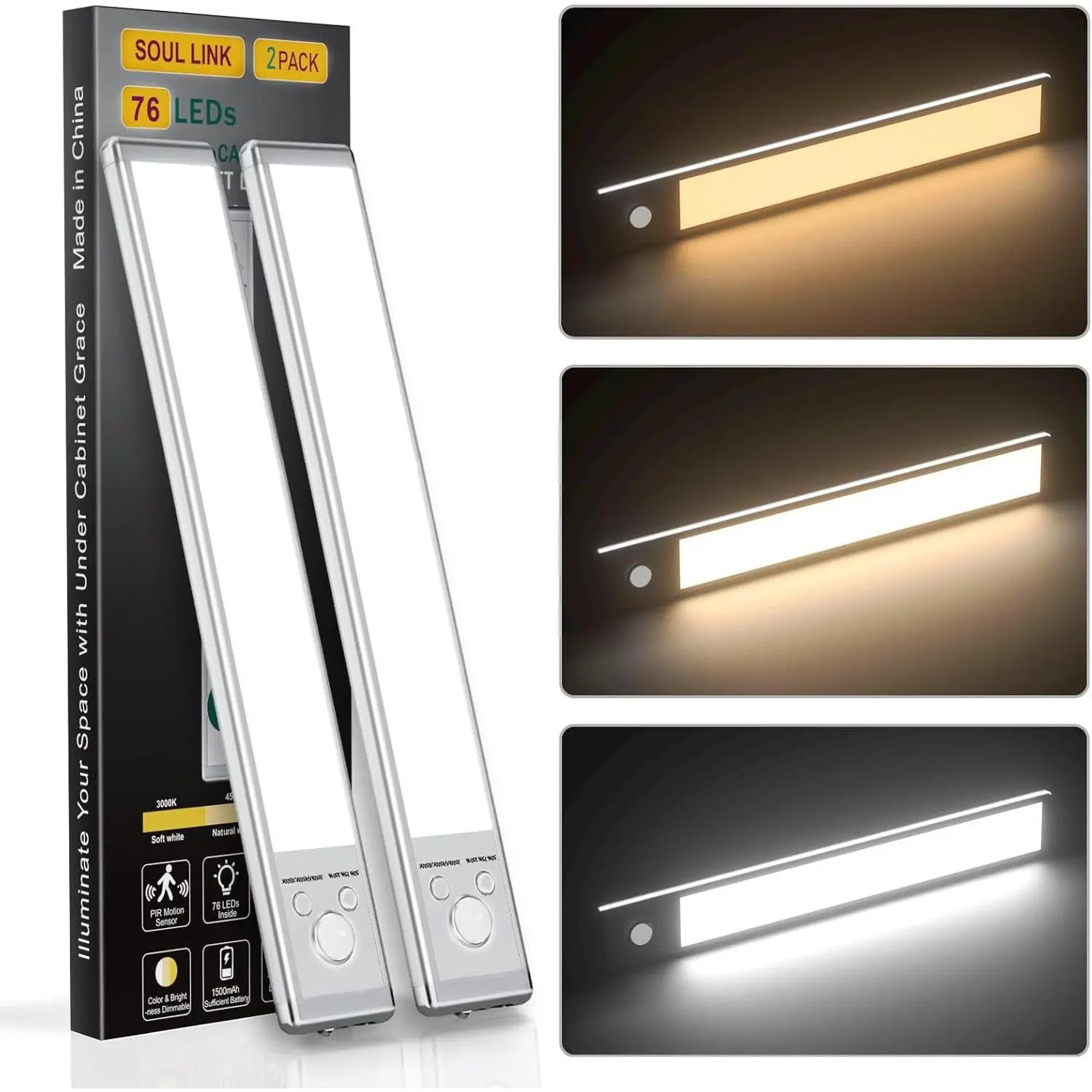 2 Pack Upgraded Motion Sensor Ceiling & Under Cabinet Lights - 76LED, 1500mAh USB Rechargeable Magnetic Dimmable Smart Lamps with Remote, Auto-Sensor/Remote-Operated/USB-D Wall Spotlights for Kitchen, Stairs, Closet, Auto-Sensor Wall Spotlights
