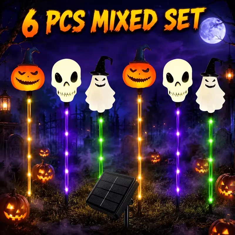 6-Pack Solar Halloween Garden Stake Decorations, Multicolor LED Pumpkin Ghost Skull Pathway Fixtures, 8 Lighting Modes Waterproof Outdoor Lawn Pieces, Plug-Free Halloween Decorations for Party Displays, Trick-or-Treat Setup, Party Decor