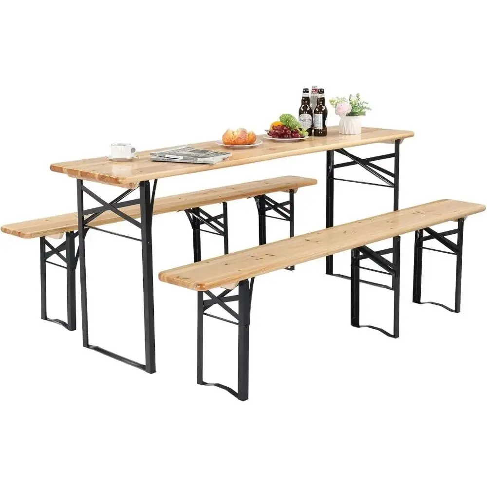 Folding Picnic Tables with Benches Set, Weather-Resistant Wooden Beer Garden Table Bench, Portable Fold Up Camping BBQ Table