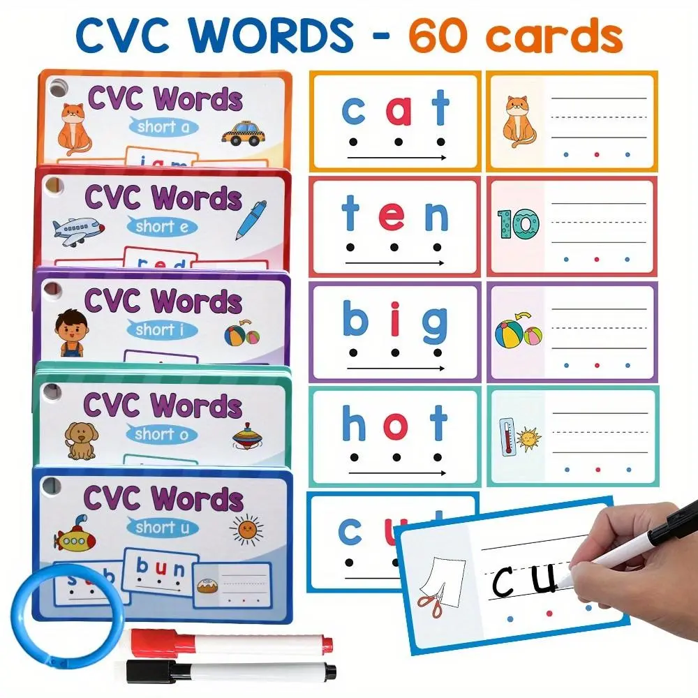 CVC Words Dry Erase Handwriting Flash Cards, Vocabulary Flashcards, Flash Cards For Studying, 60pcs/set Phonics Game Flashcard, Beginning Phonics Word Builders Spelling Reading Learning Aids, Preschool Learning Tool