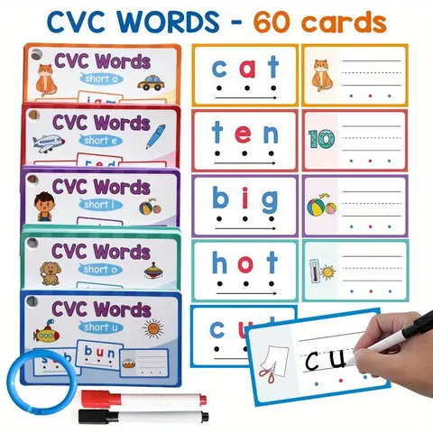 CVC Words Dry Erase Handwriting Flash Cards, Vocabulary Flashcards, Flash Cards For Studying, 60pcs/set Phonics Game Flashcard, Beginning Phonics Word Builders Spelling Reading Learning Aids, Preschool Learning Tool