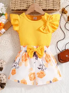 Toddler Girl's Plain Butterfly Sleeve Top & Floral Print Bow Decor Shorts Two-piece Set, Cute Casual Crew Neck Top & Shorts Outfit for Summer, Kids Clothes for Daily Wear, Baby Clothing