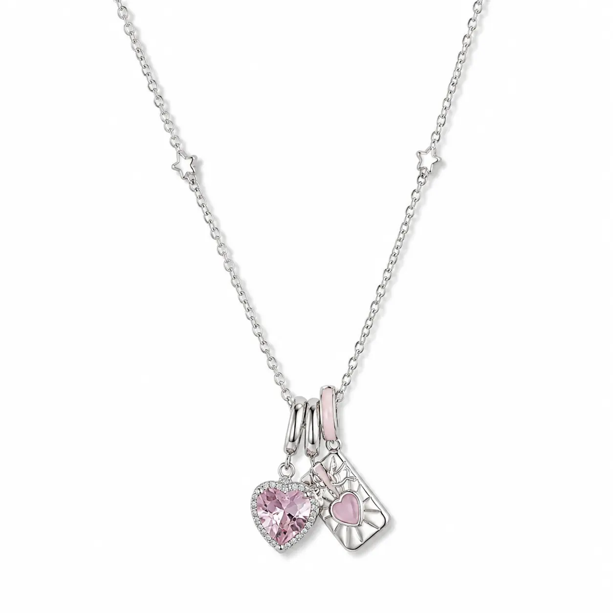 * Pink Heart Charm Necklace for Women, Silver-Tone Double Pendant Necklace with Faceted Crystal Heart and Love Tag, Dainty Star Chain Sweet Everyday Gift