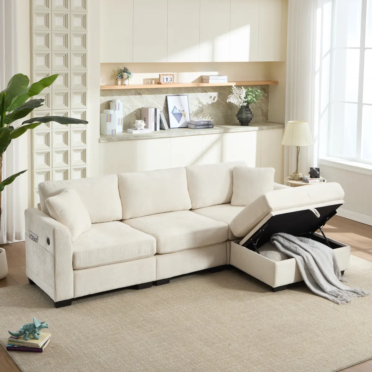 Modern Beige Industrial L-Shaped 4-Seat Chenille Fabric Sofa - Solid Wood Accent, Iron Frame, Sponge Foam, Storage Ottoman Bench, Dual USB Ports, 2 Side Pockets, Assembly Required, 97.00x56.50x32.00in, Storage Ottomans, Four Seats
