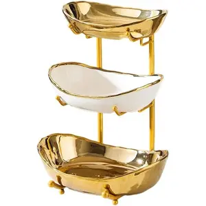 3 Tier Fruit Bowls for Kitchen Counter,Ceramic Large Fruit Basket Stand,Metal Fruit Serving Tray Snacks Nuts Cake Storage Holder ( 2)