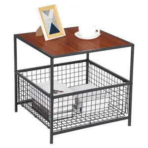 ZENSTYLE 20-in Multi-Functional Square Top Side Table - Quick-Setup Indoor Living Room Furniture with Wire Storage Basket, Shelf, and Stylish Design (Red Mahogany)