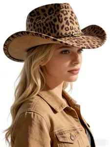 Vintage Leopard Print Wide Brim Western Cowboy Hat, Wool Blend American Country Style, Versatile Denim Cap with Braided Belt Decoration