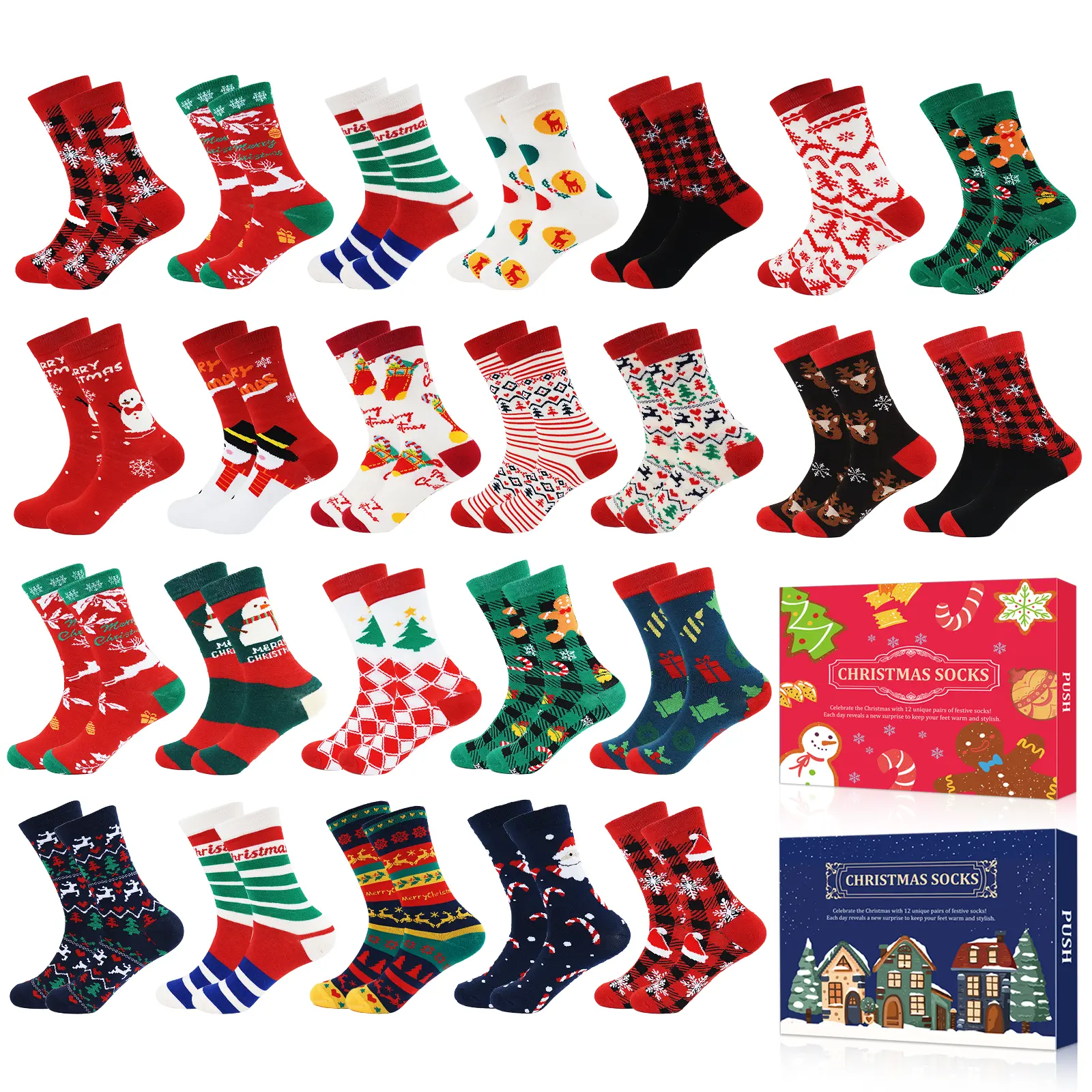 2026 Christmas Gift 24 Pairs of Socks – 12 Pairs for Men, 12 Pairs for Women  – Festive Holiday Socks Featuring Christmas Trees, Elk, Snowmen – Perfect  Gifts for Men and Women
