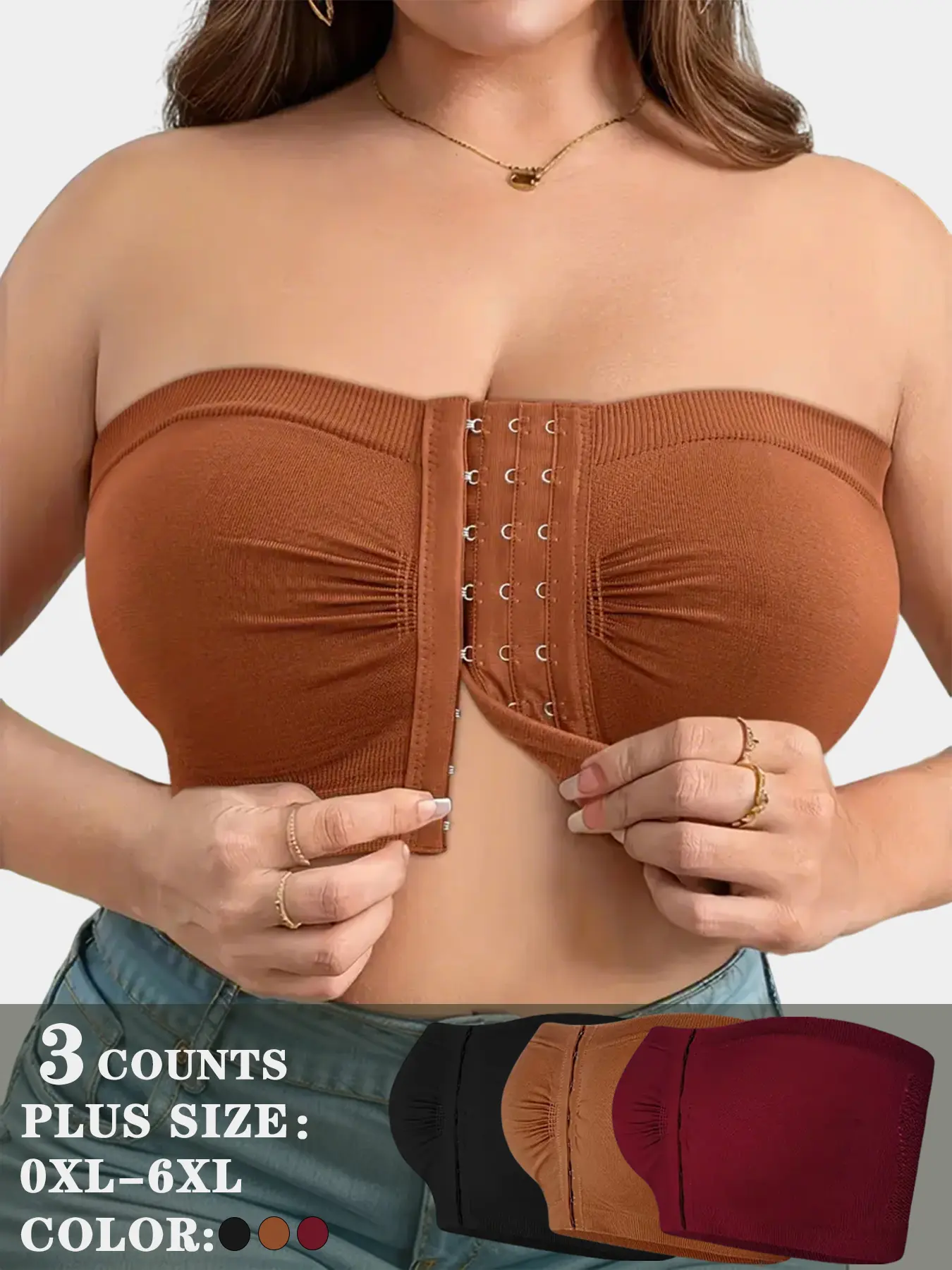 3 Pack Plus Size Lady Wireless Full Coverage Bralette, Front Buckle Design, Strapless Backless Top, Comfortable, Elegant, Soft & Breathable, Perfect for Dresses, Underwear, Womenswear, Breathable Bralettes