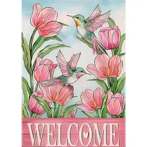 Welcome Tulip Hummingbird Garden Flag, Spring Floral Yard Flag, Pink Flower Bird Outdoor Decor 12*18inch Gift for Girlfriend