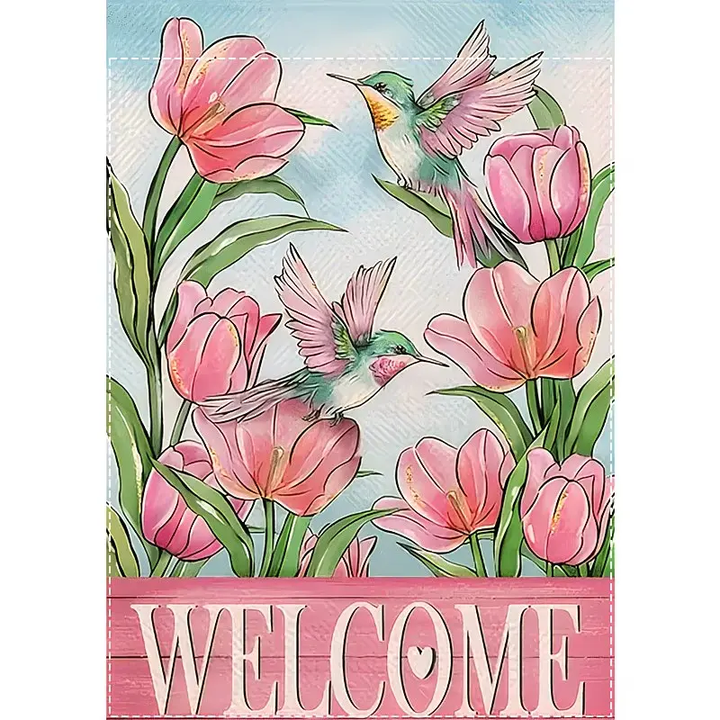 Welcome Tulip Hummingbird Decorative Garden Flag, 12*18inch Nature-Inspired Pink Flowers Outdoor Home Decor, Festive Backdrop Banner Ideal Gift for Girlfriends