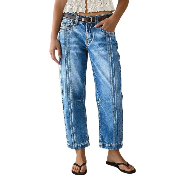 Flamingals Wash Stitch Detail Mid Waist Straight Leg Cropped Jeans Without Belt Womenswear Stretchy 26.4" Inseam