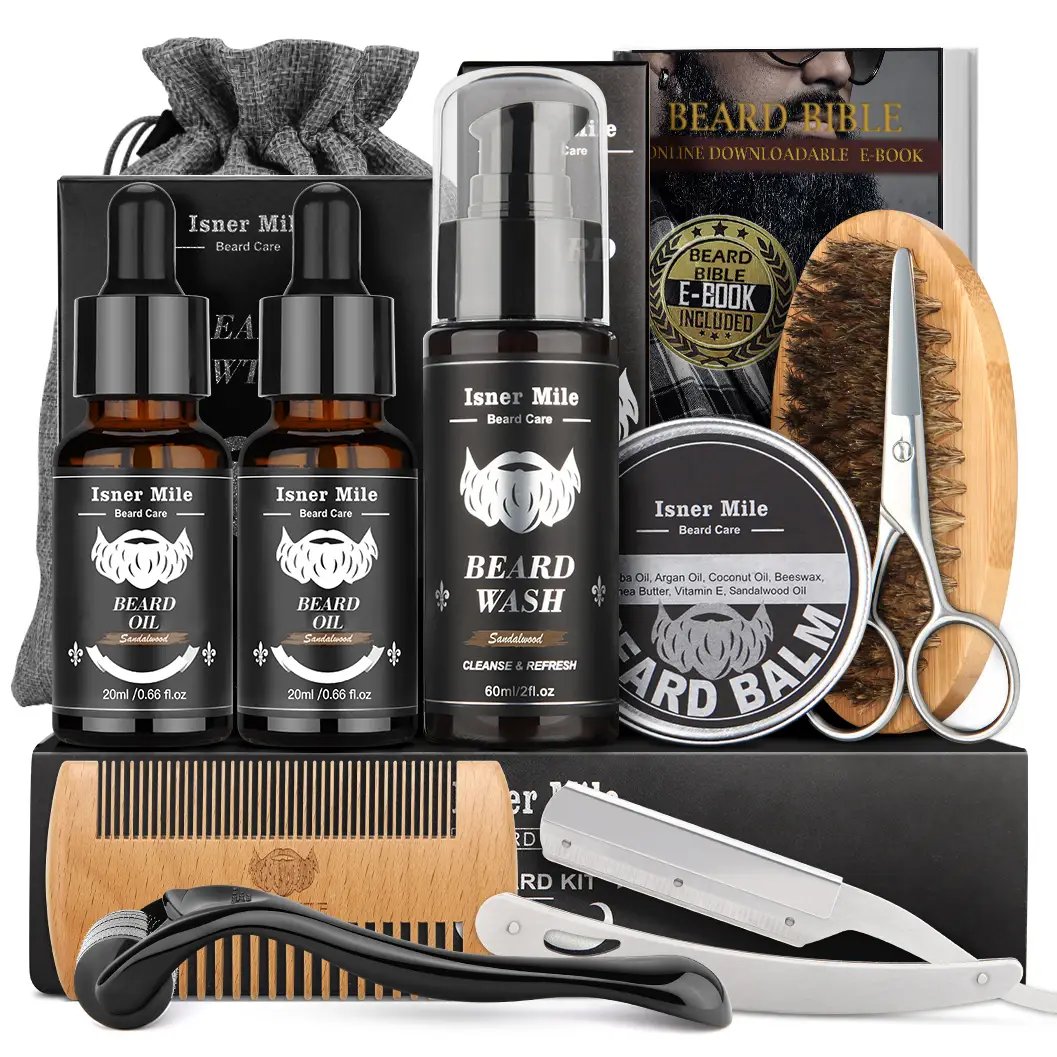 Beard Growth Kit, Beard Kit for Men, Beard Care Kit, Isner Mile Beard Grooming Kit, 9 in 1 Set with Shampoo Wash, Beard Care Oil, Balm, Brush, Comb, S