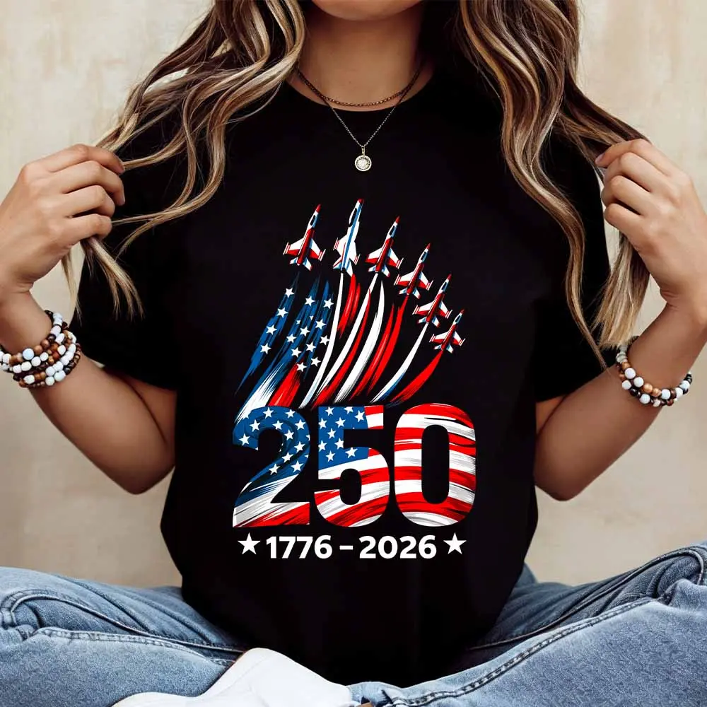 American Flag 250th Anniversary 1776 2026 Air Force Jet Formation Print T Shirt White Casual Loose Fit For Everyday Wear And Outdoor Activities