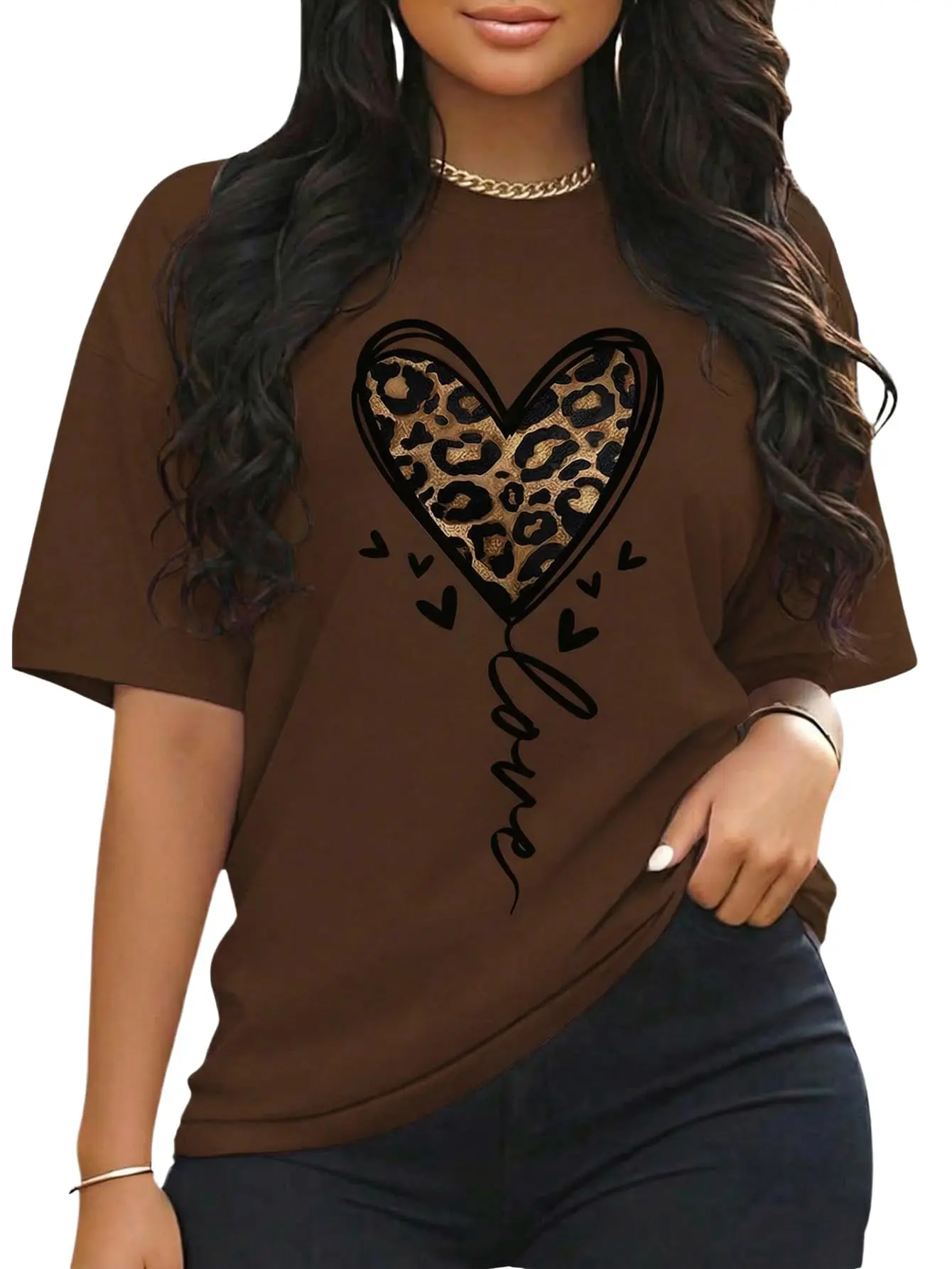 Women's Heart & Leopard Print Drop Shoulder Tee, Summer Graphic Tees Women, Casual Half Sleeve Round Neck Top for Daily Wear, Graphic Tees, Ladies Clothes for All Seasons, T Shirts for Women, Women's Clothing, Womenswear