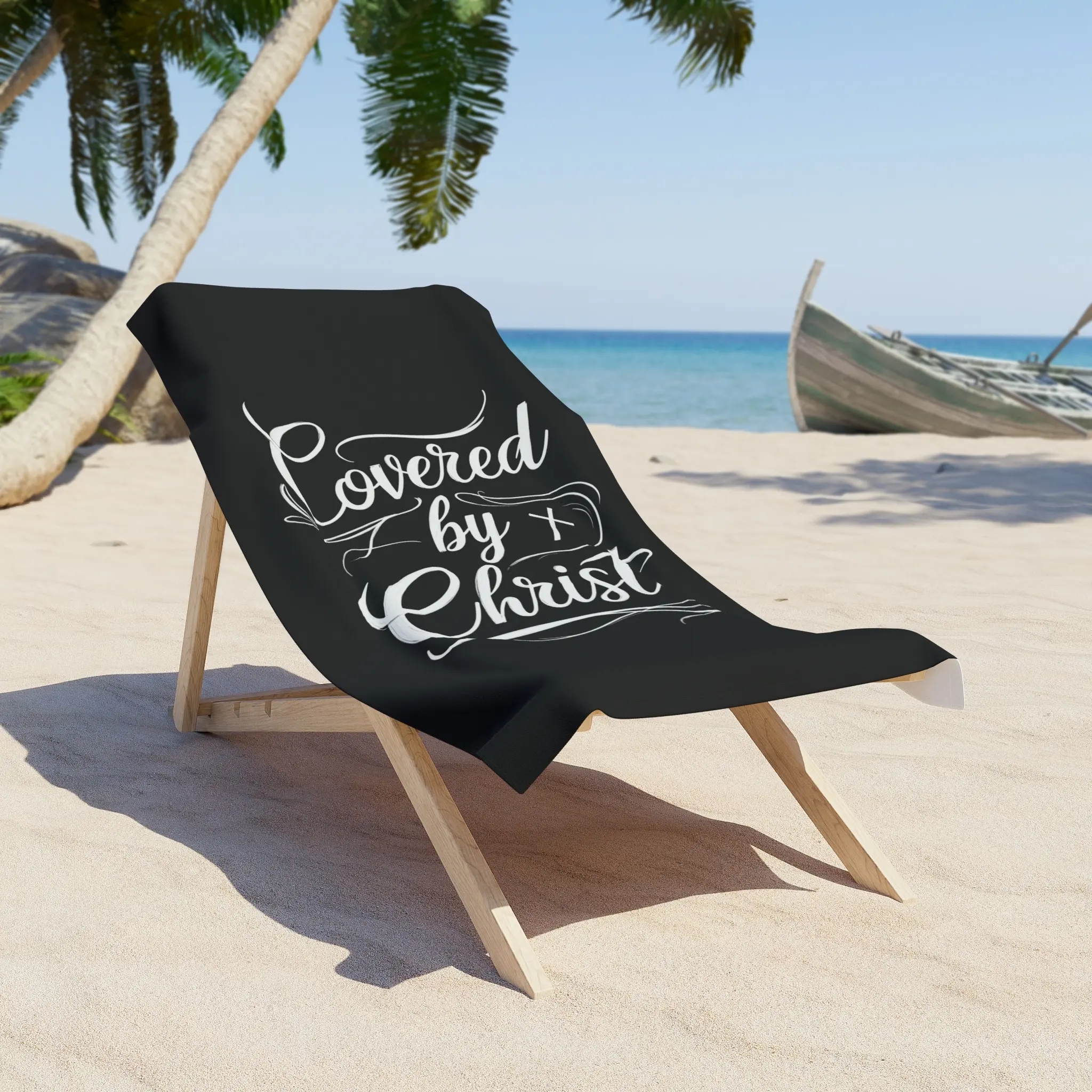 Black Christian Beach Towel, Covered by Christ, Summer Essentials, Vacation Accessory, Inspirational Gift, Poolside Relaxation Cotton Print