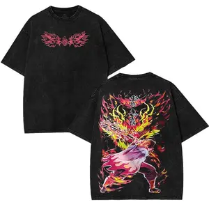 Men's Acid Washed Demon Slayer T-Shirt, Vintage Kyojuro Rengoku Graphic Short-Sleeve Cotton Crewneck, Tshirt