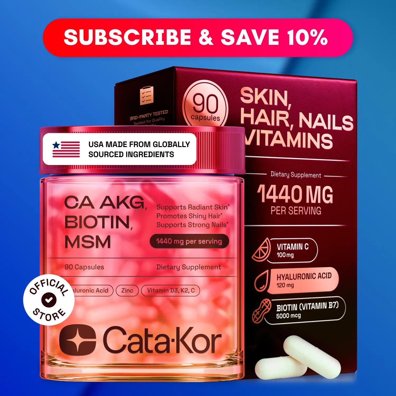 Cata-Kor Skin, Hair & Nails Supplement – Ca AKG | MSM | Hyaluronic Acid | Biotin – Supports Radiant Skin, Promotes Shiny Hair & Strong Nails – Beauty Complex, Dietary Supplement Cata-Kor Skin, Hair & Nails Supplement – Ca AKG | MSM | Hyaluronic Acid | Biotin – Supports Radiant Skin, Promotes Shiny Hair & Strong Nails – Beauty Complex, Dietary Supplement