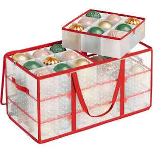 Large Christmas Decoration Storage Box, 4-Inch 54 Slots, Plastic Christmas Bauble Storage Box with Lid, Dual Zippers, 6 Trays, Side Handles, Cherry Red URFB030T01