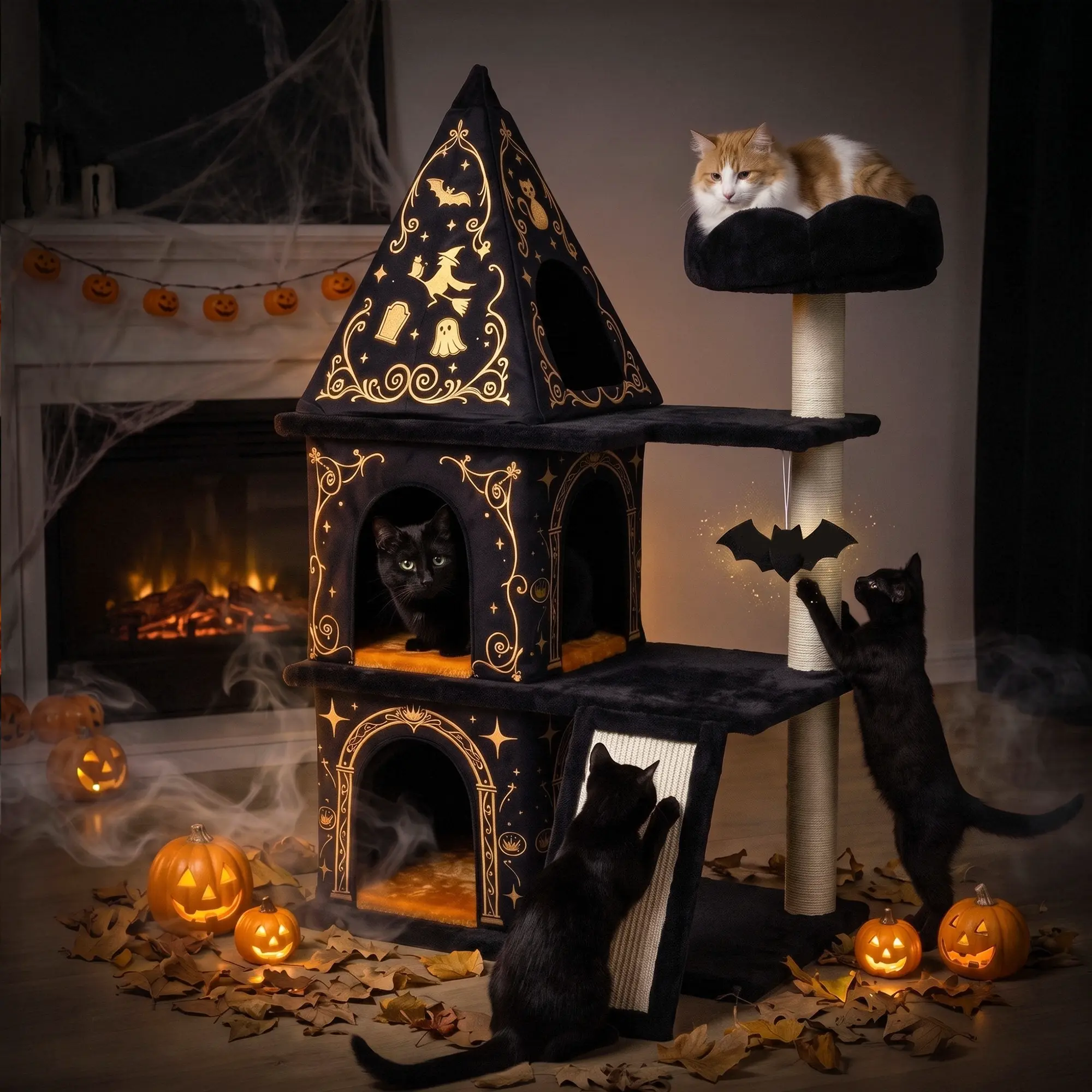 SHA CERLIN 43in/47in(3.6ft/3.9ft) Halloween Gothic Castle Cat Tree, 3-Level Spooky Cat Tower with 2 Condos, Sisal Scratching Posts, Ramp & Dangling Bat Toy for Indoor Cats, Cat Playground, Cat Tree Tower, sohochic