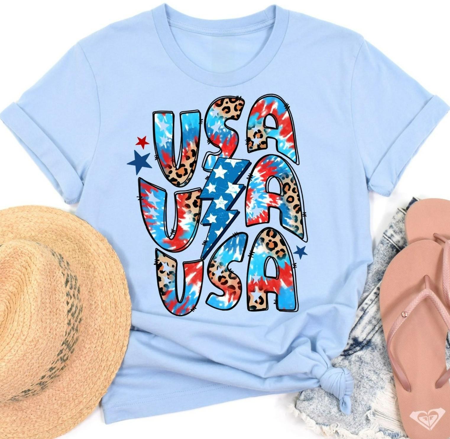 Youth & Adult USA Tie Dye Leopard T-Shirt, Patriotic Red White Blue Tee, Cute American Lightning Bolt 4th Of July Shirt, Trendy Summer USA Outfit, Gift for Boys Girls, Unisex Graphic Tee, Trending Tee