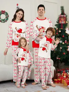 Cute Christmas Reindeer Family Pajama Set, Colorblock Print, Merry Christmas Slogan Pants, Soft Breathable Fabric, Holiday Casual Wear
