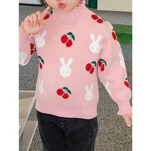 Girls' Cozy Fleece-Lined Thick Knit Sweater with Adorable Bunny & Cherry Berry Pattern - Long Sleeve Crew Neck, Warm Fall/Winter Pullover for Youngsters, Casual Playwear, Winter Youngsters Wear, Playful Youngsters Design, Soft Youngsters Clothing