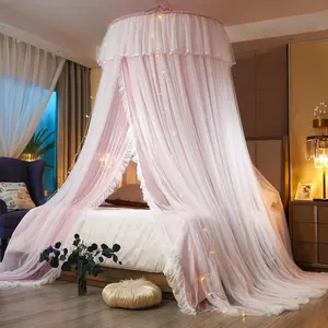 Princess Bed Canopy for Girls & Adults, Elegant Double-Layer Bed Curtain Children's Dream Round Lace Mosquito Net Fits Twin Full Queen King Beds (Pink/White)