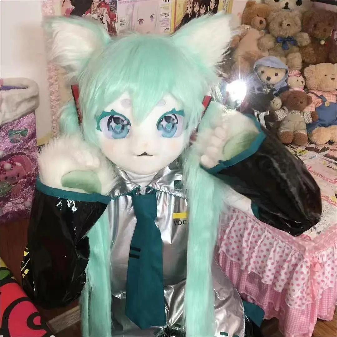 Furry Miku Cosplay Kigurumi Cat Head Mask with Mask Design, Party Performance Prop, Kids' Fashion Accessory, Anime, Headmask