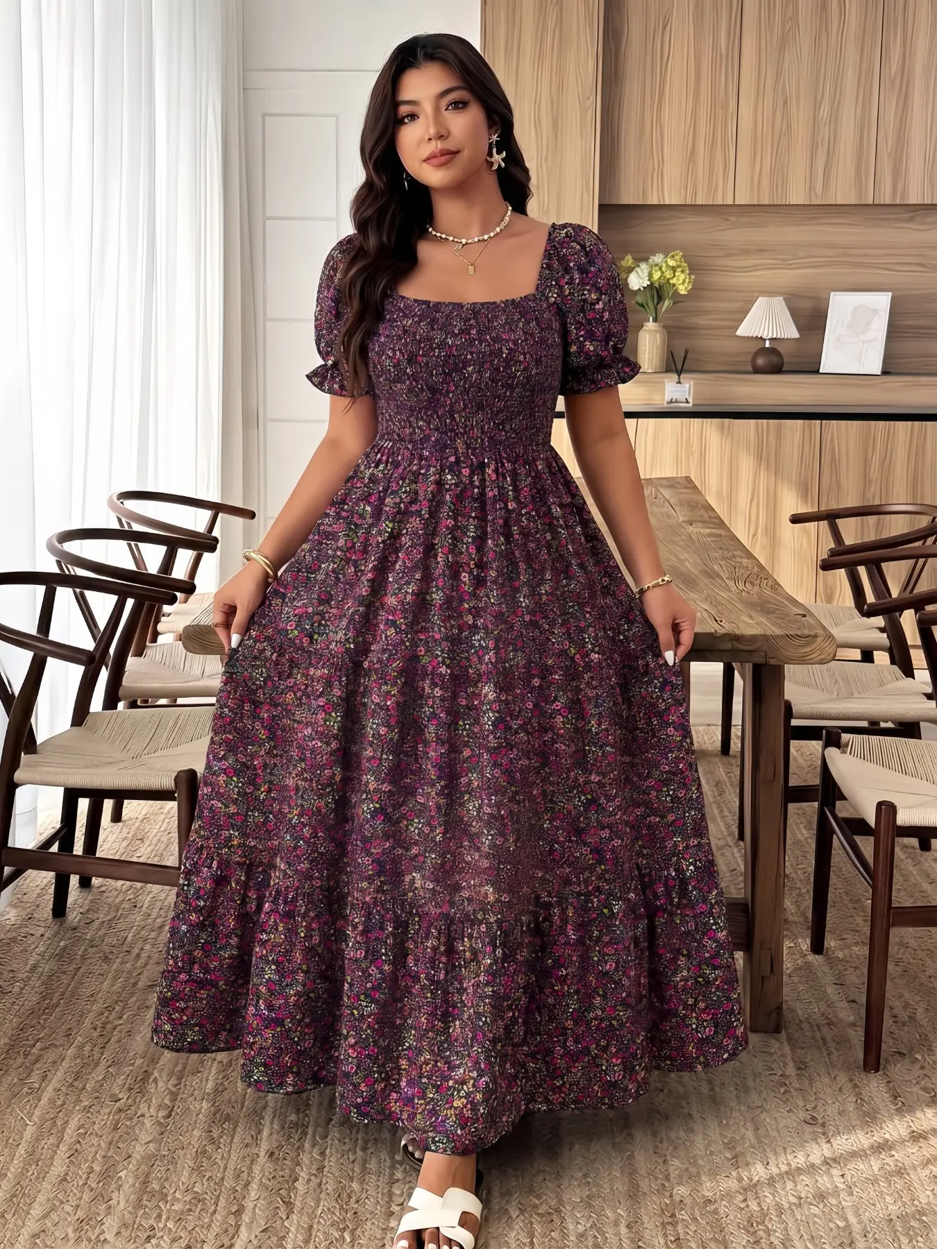 Plus Size French Vintage Floral Dress, Bubble Sleeve Square Neck Long Dress, Elegant Country Style, Casual Elegant Dresses, Perfect for Vacation and Evening Parties, Women, Womenswear