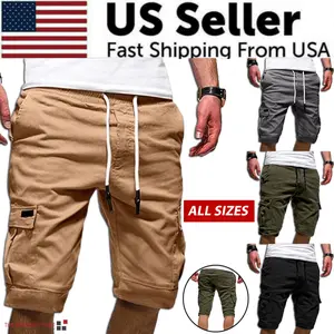 Men's Casual Chino Cargo Shorts with Elastic Waist and Drawstring 6 Pockets Plain Design All Sizes Available Menswear Beige Tropical