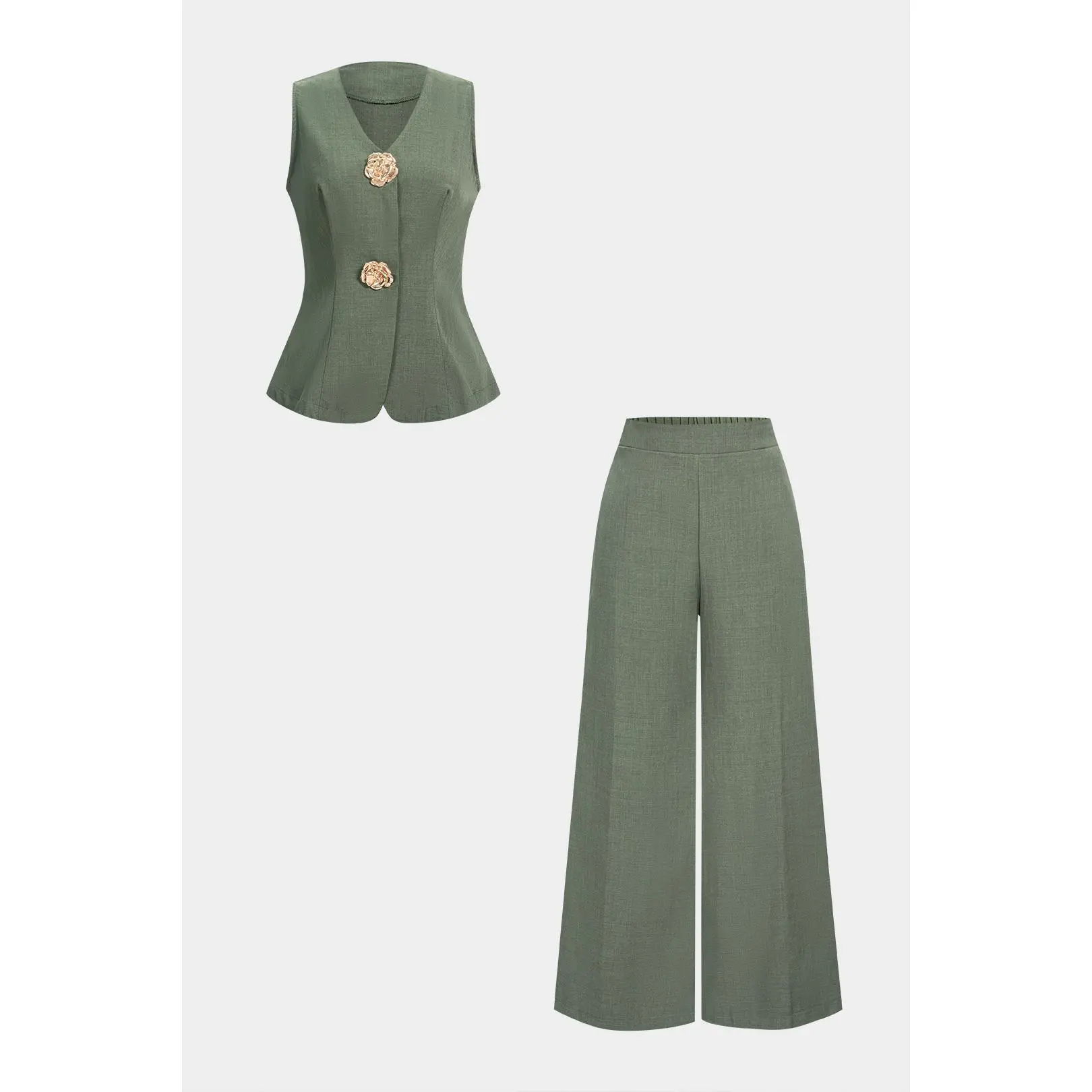 Women's 2-Piece Pants Set, Metallic V-Neck Sleeveless Vest and Fitted Straight Leg Polyester Twill Trousers for Office, Cloth, Women's Clothes, Women 2 Set