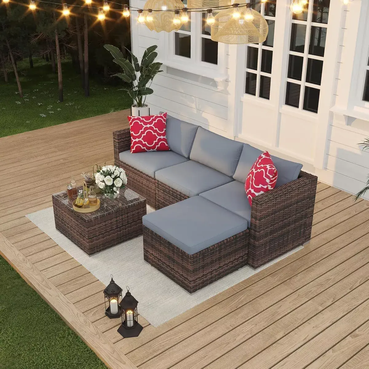 5-Piece Outdoor Patio Furniture Set – All-Weather Wicker Sectional Sofa with Glass Coffee Table and Soft Removable Cushions
