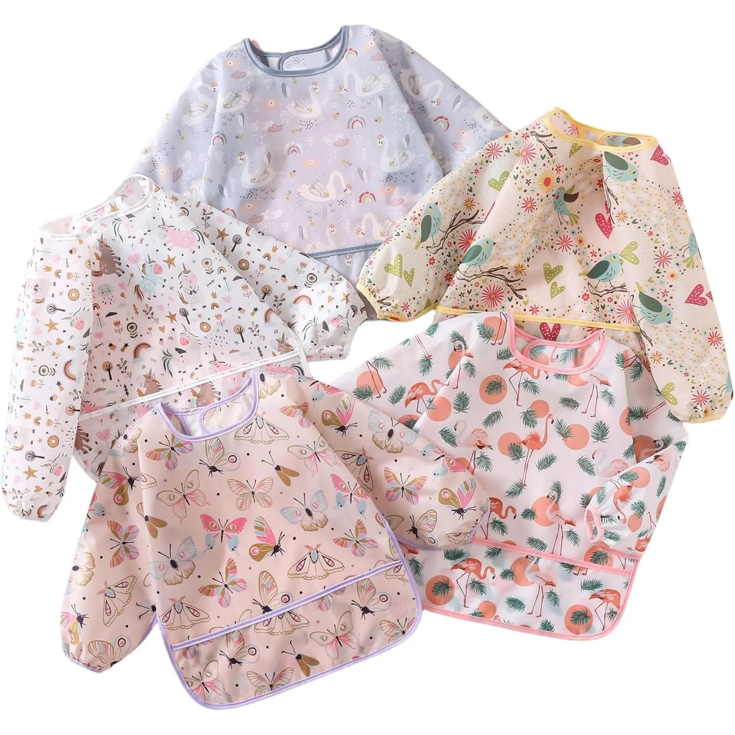 P-GCS07   Sleeved Bib,5 Pack,Waterproof Shirt Bibs for Baby 3-24 Months Wipe Clean
