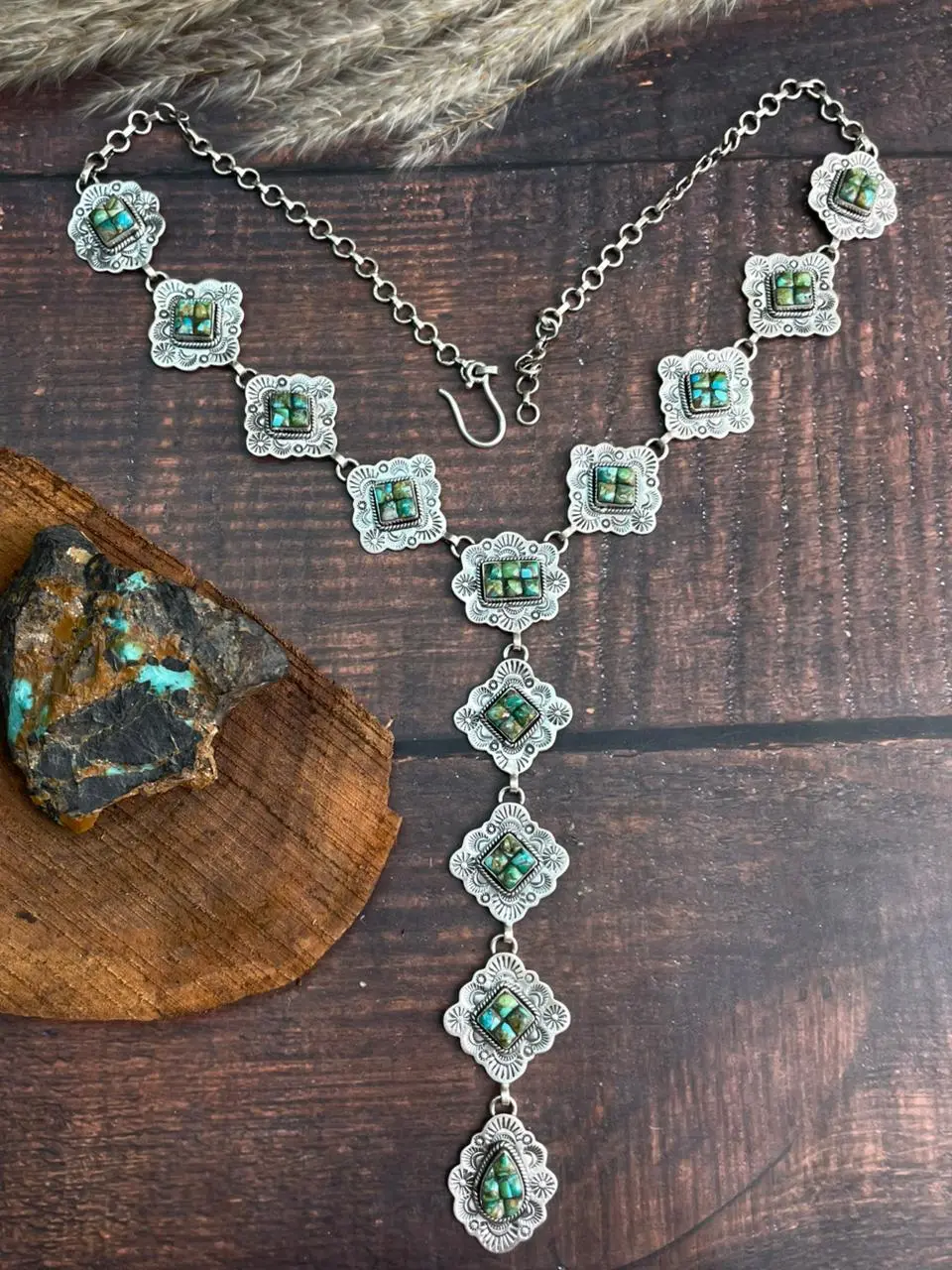 Handmade Sterling Silver Sonoran Cobble Collection: Sonoran Mountain Turquoise 'Y Shaped' Necklace "Signed Nizhoni"