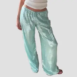 Sequin Pants for Women Low Rise Sparkly Glitter Wide Leg Disco Pants Party Dance Bottoms Wave Outfits