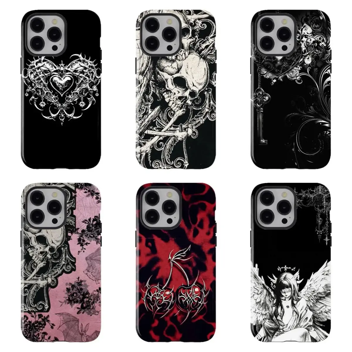 Dark Gothic Thorn Skull Custom Glossy Smartphone Case - Punk Rose Heart Flowers Design, Wireless Compatible, Polycarbonate, Shock-Resistant Cover for iPhone 11-17 Pro Max, Samsung S23-S26, Gift for Her