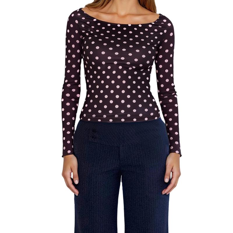 Women's Dot Print Crop Top | Fall Long Sleeve Crewneck Pullover, Casual Going Out Shirt