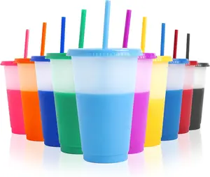 Reusable Leak ProofColor Changing Cups 10Pcs 24oz Plastic Tumblers With Lids and Straws for Iced Coffee Smoothie - Reusable Leak Proof Party Cups for Kids