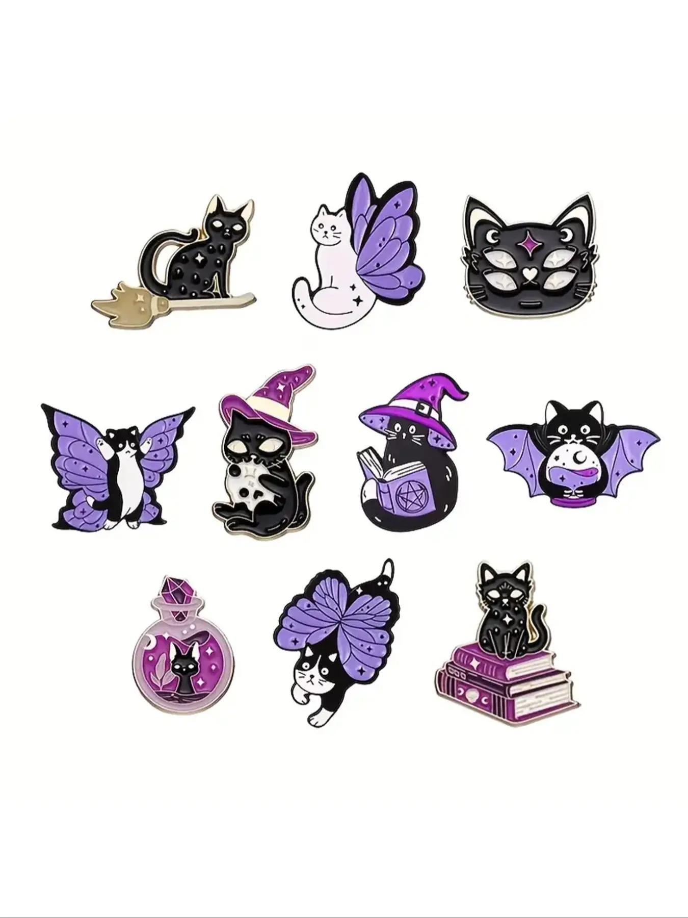 10 Pcs Cat Enamel Pins Set, Magic Cat Brooches, Butterfly Brooch for Backpacks & Collars, Fashion Jewelry Gift for Men Women Daily Wear, Lapel Pins, Jewellery, Alloy Brooch Pin, Brooch Pin Clip