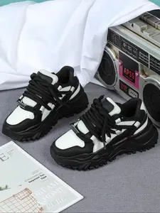 Men's Fashion Colorblock Lace Up Low Top Sneakers, Casual Comfortable Breathable Sports Running Shoes, Male All-match Round Toe Chunky Sneakers for Daily Wear, Trainer, Fashionable Running Shoes