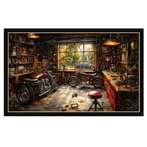 Vintage Motorcycle Workshop Poster, Rustic Garage Mechanic Scene Wall Art with Classic Bike and Tools, Perfect Decor for Man Cave, Garage or Workshop, Great Birthday or Father’s Day Gift