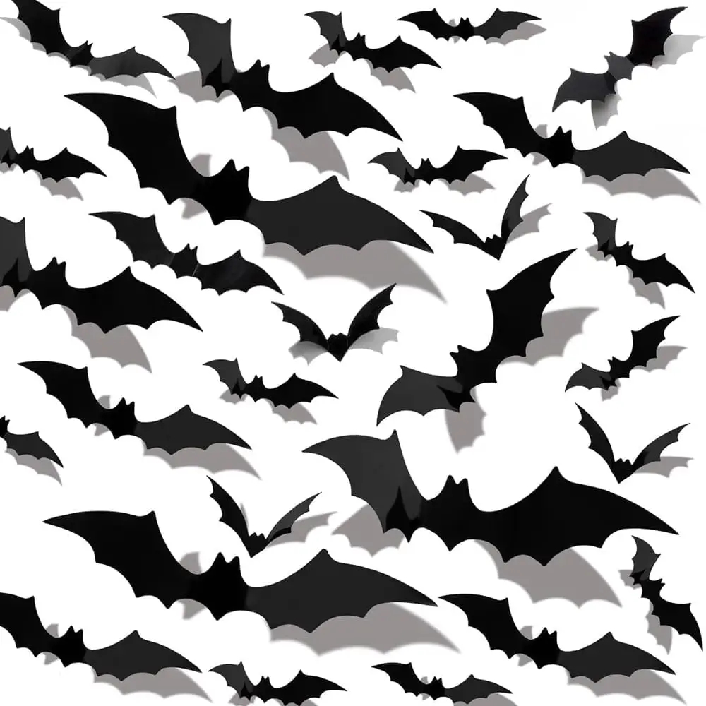 Halloween 3D Bats Decor Set - 60PCS Realistic Black PVC Stickers for Indoor Wall Decor & Halloween Party Supplies - 4 Sizes Easy Application Spooky Ch