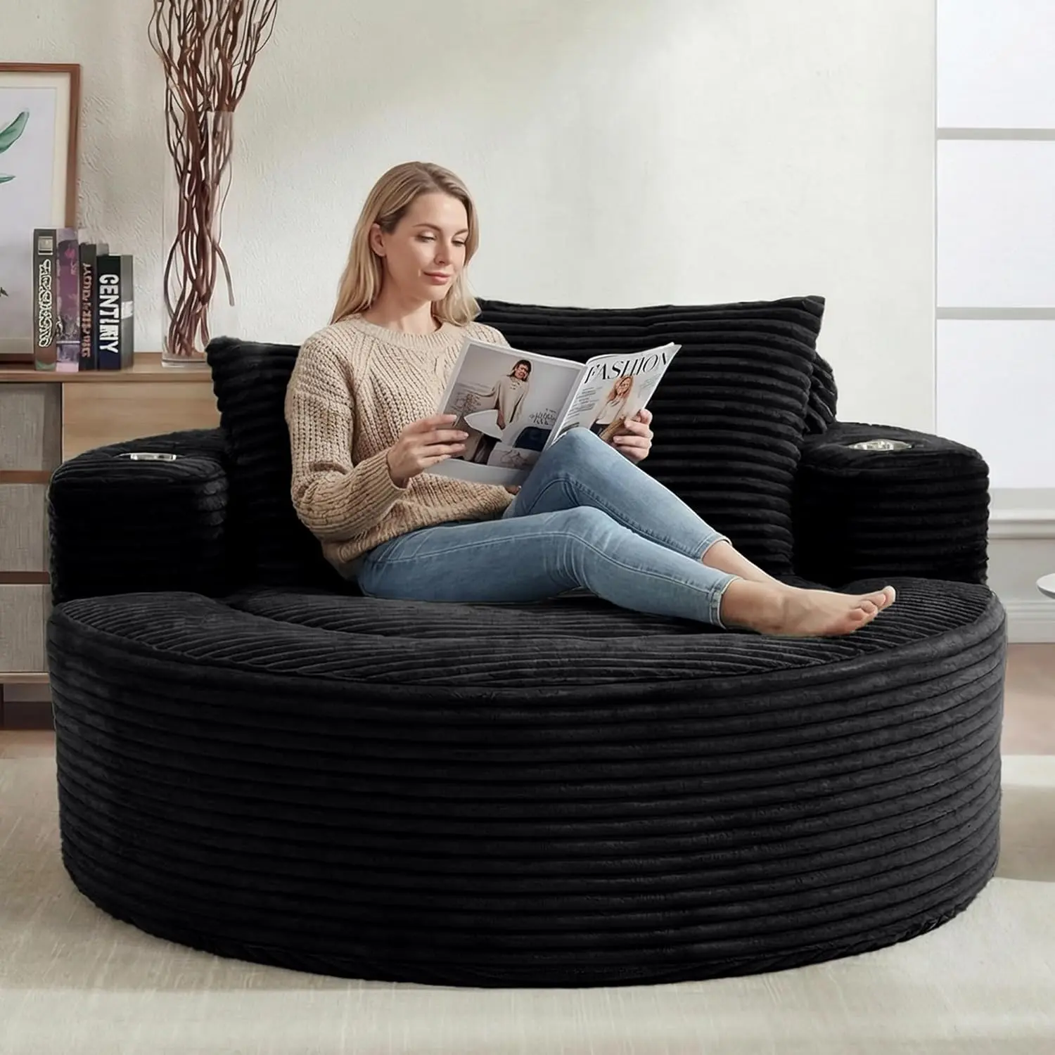 Oversized Round Chair Lounge Chaise Indoor, 55.5" Upholstered Corduroy Deep Seat Single Cloud Sofa Chair with Cup Holder, Modern Large Circle Boneless Sleeper Sofa for Living Room, Black