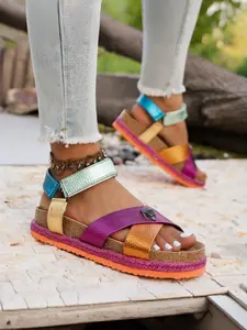 Women's Metallic Color Block Sandals, Cork Footbed Platform Slides for Summer